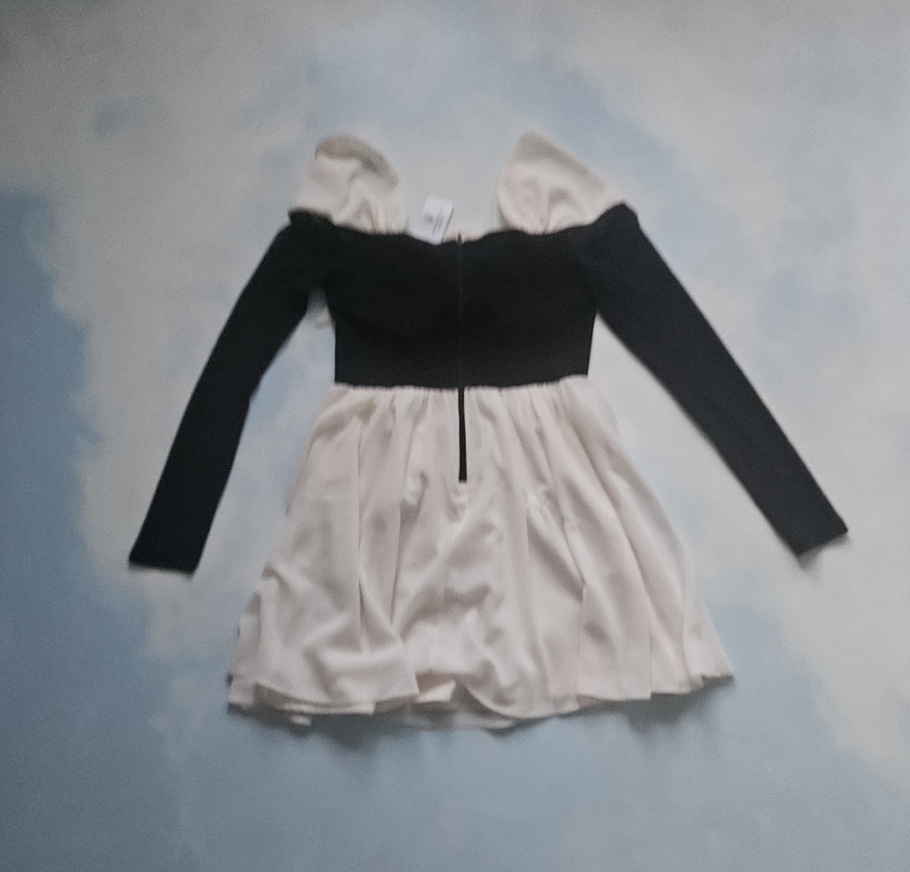 Coquette Black & Cream Off-Shoulder Dress Chiffon Feminine Mini Dress - Picture 12 of 16